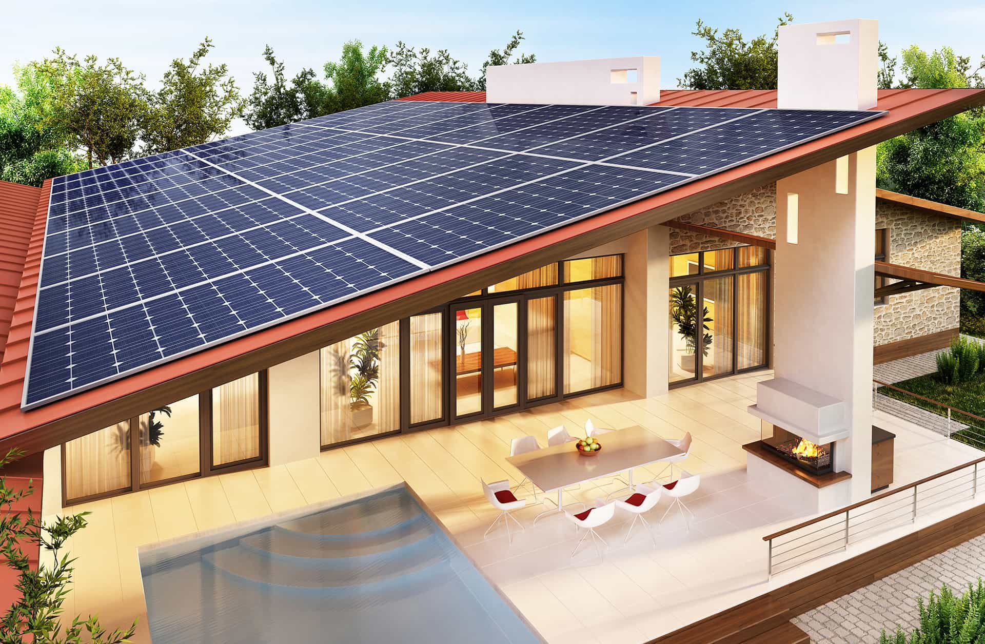 A modern home with solar panels